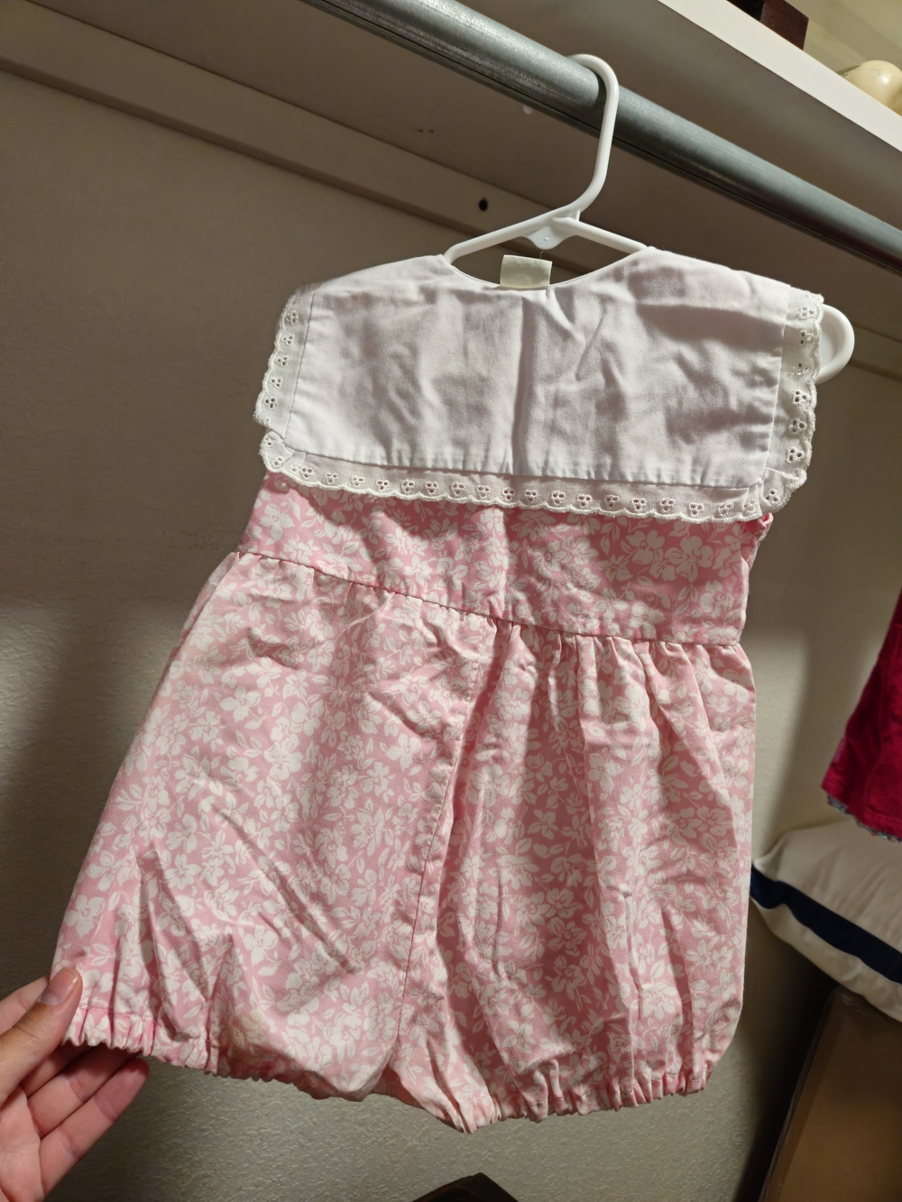 Vintage Pink Floral Baby Bubble Romper with White Lace Collar